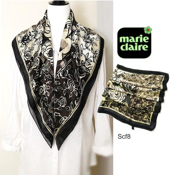 MARIE CLAIRE 100% Silk Square Scarf Floral Taupe - Picture 1 of 12